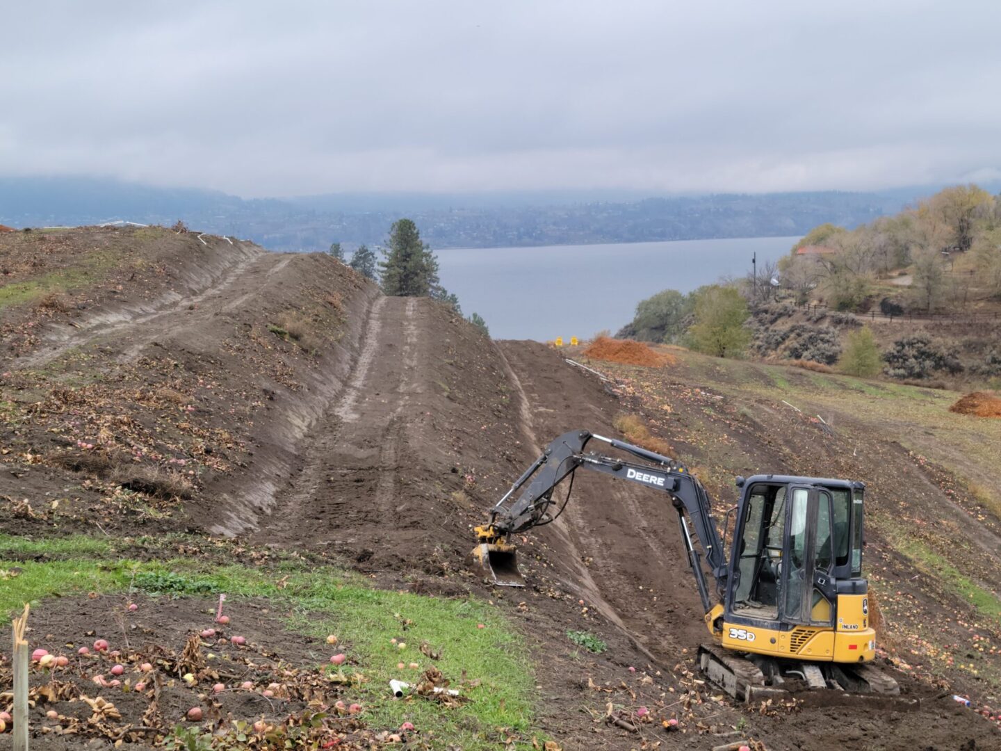 A yellow and black tractor is on the side of a hill