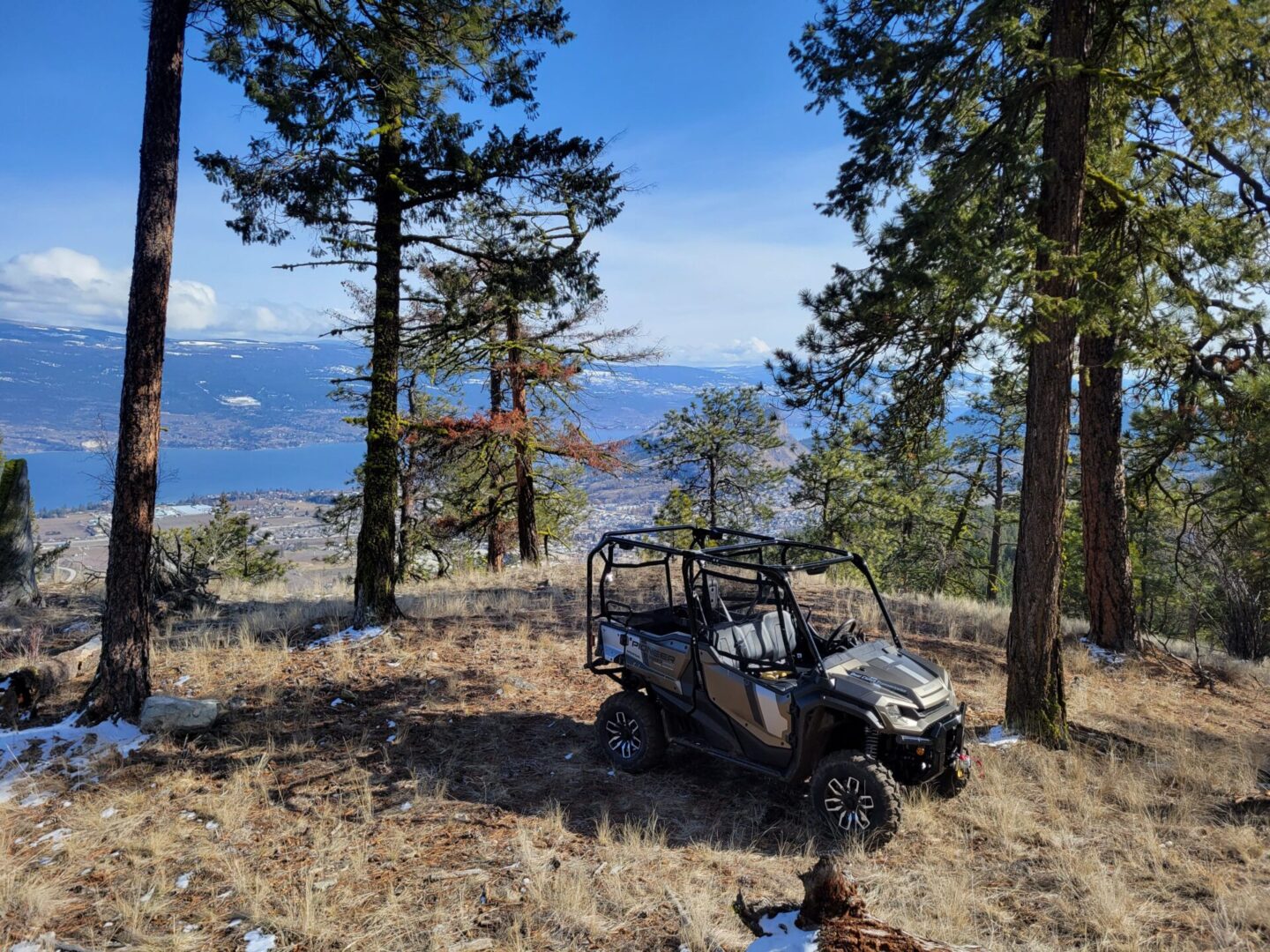 A vehicle parked on top of a hill near trees.