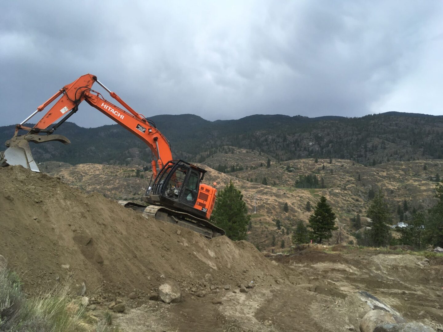A large orange and black excavator on top of a hill.